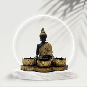 Resin Buddha Head Candle Holder with 3 Lotus Tealight Stands Black & Gold Decorative Showpiece for Home, Altar & Spiritual Gifting