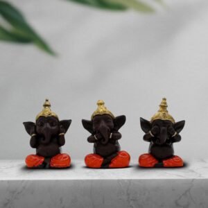 1-10-2.jpg Set of 3 Polyresin 3 Wise Ganesha Figurines, Decorative Showpiece with Gold Crown, 4.5 Inch, Dark Brown for Home, Office & Temple Decor
