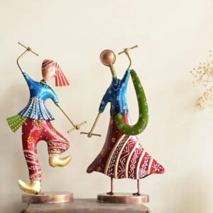 Table Top Metal Dandiya Couple Blue | Handcrafted Decorative Showpiece for Home & Office D?cor | Artistic Rajasthani Folk Dance Figurine