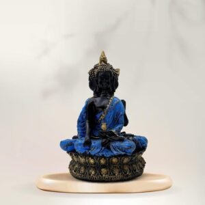 Buddha Statue Meditation Figurine, Black and Blue Resin, 34 cm x 25.4 cm, Gold-Accented Lotus Base