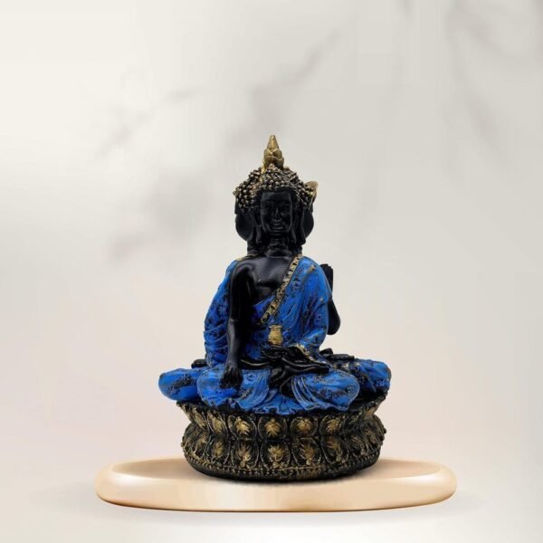 1-11-1.jpg Buddha Statue Meditation Figurine, Black and Blue Resin, 34 cm x 25.4 cm, Gold-Accented Lotus Base