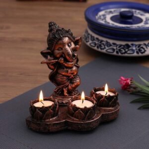1-11-2.jpg Copper Ganesh Idol with Tealight Candle Holder - Traditional Indian Decorative Item for Home & Office