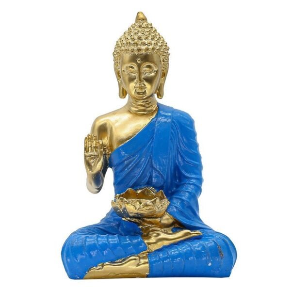 1-12-1.jpg Buddha with Lotus Flower Statue, Blue Robe Gold Finish, 24.1 x 16.5 cm, Meditation Lotus Bowl