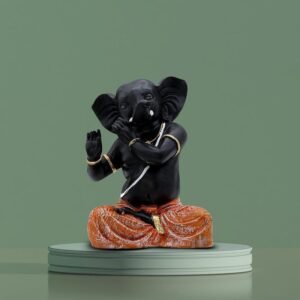 1-12-2.jpg Black Lord Ganesha Idol in Dancing Pose Polyresin Ganpati Statue with Orange Dhoti for Home Temple Decor, 6 Inch