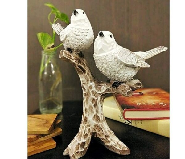 White Resin Birds Perched on Branch Sculpture - Nature Lover Gift, Shelf Decor