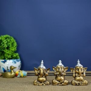 1-14-2.jpg Set of 3 Wise Ganesha Idols Brass Finish Ganpati Statues in See No Evil, Hear No Evil, Speak No Evil Pose for Home Decor & Gift 3 Inch