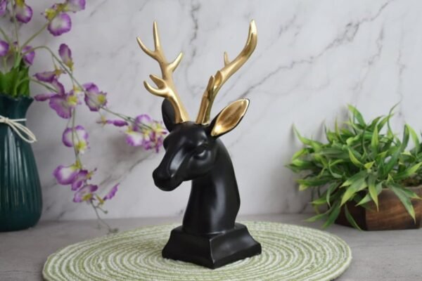 1-14.jpg Elegant Black Deer Head with Gold Antlers - Contemporary Wall Hanging Sculpture