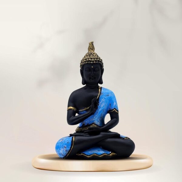 Decorative Buddha Statue, Black and Blue with Gold Accents, 25.4 cm x 17.8 cm, Meditation Pose