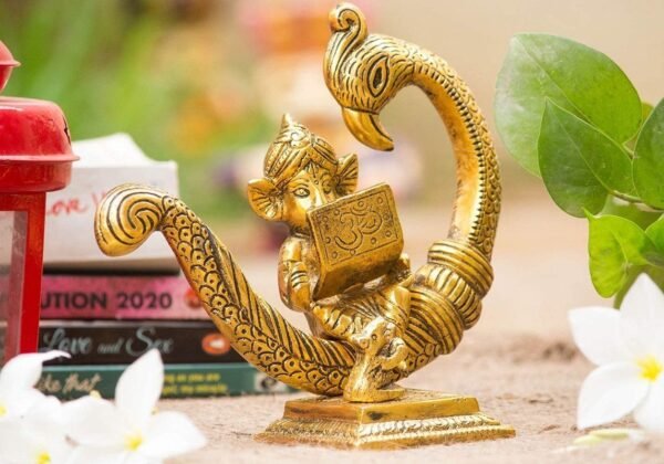 1-15-2.jpg Reading Ganesha Idol on Peacock Brass Finish Ganpati Statue with Book and Om Symbol for Home Decor, Office Desk & Gift 6 Inch