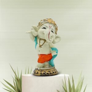 Dancing Baby Ganesha Idol Colorful Ganpati Statue in Orange Dhoti for Home Temple Decor, Car Dashboard & Spiritual Gift 5 Inch Polyresin