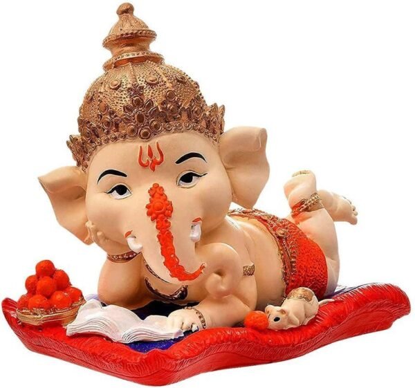 1-18-2.jpg Baby Ganesha Idol Reading Book with Ladoo Cute Ganpati Statue for Home Temple Decor, Office Desk & Gift, Orange Dhoti Polyresin Showpiece 6 Inch