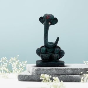 Abstract Long Trunk Ganesha Idol Matte Black Ganpati Statue with Damru for Home Decor, Office Desk & Gift 6 Inch Modern Polyresin Showpiece
