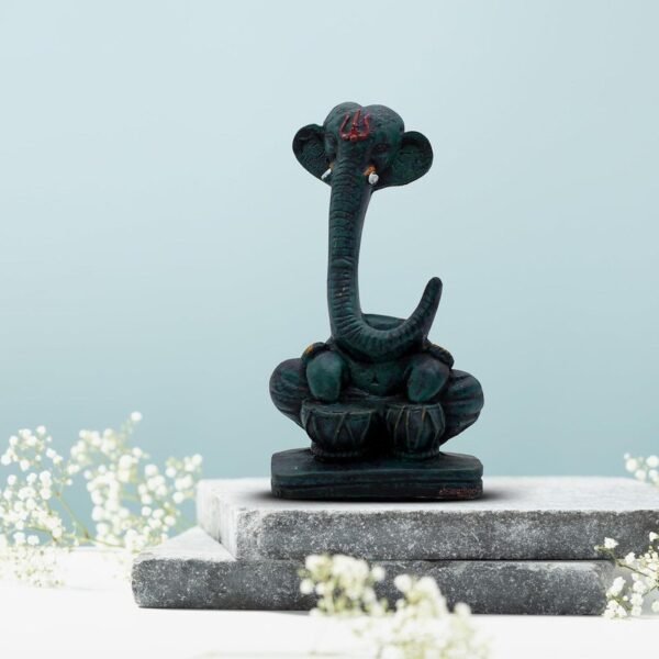 Abstract Long Trunk Ganesha Idol Matte Black Ganpati Statue with Damru for Home Decor, Office Desk & Gift 6 Inch Modern Polyresin Showpiece