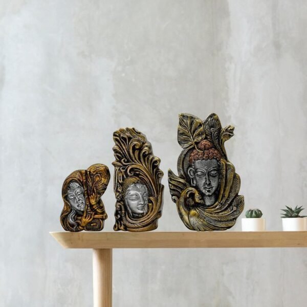 Decorative Buddha Statue Set of 3, Antique Gold and Silver Finish, 4.5-6.5 Inch Height