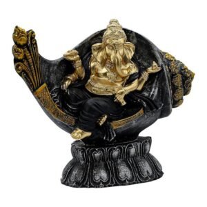 Golden Ganesha Statue Sitting on Diwali Lamp - Black and Gold - Hindu God Decorative Figurine for Home Office Table - 7 Inches