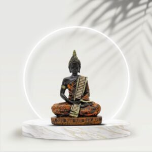 Samadhi Buddha Decorative Buddha Statue, Black and Orange with Jewelled Robe, 7.5 inch Height