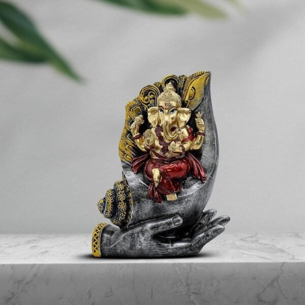 1-21-2.jpg Ganesha Sitting on Conch Shell Statue - Black and Red - Metal/Stone - Home/Office Decor - Auspicious Gift