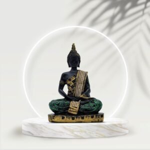 Decorative Buddha Statue with Crystal Embellishments, Black and Gold, 7.5 x 5 Inch