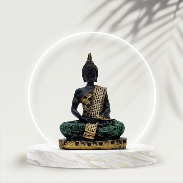 Decorative Buddha Statue with Crystal Embellishments, Black and Gold, 7.5 x 5 Inch