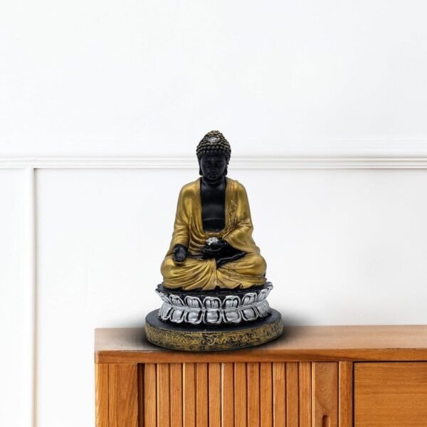 1-25-1.jpg Samadhi Buddha Statue, Black and Gold, 21.6 x 15.2 cm, Silver Lotus Base
