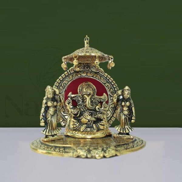 Golden Ganesha Statue with Riddhi Siddhi - Brass - Hindu God Showpiece for Home Decor & Gifting