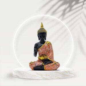 Decorative Buddha Statue with Lotus for Home Decor, Black and Orange Mosaic Design, 26.7 cm x 17.8 cm