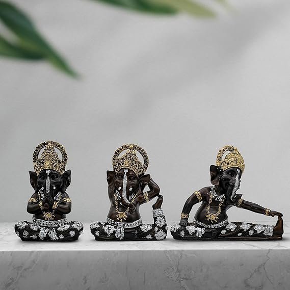 1-3-2.jpg Set of 3 Lord Ganesha Idols for Home Decor | Black Polyresin Ganpati Statue with Gold & Silver Detailing | Decorative Murti for Pooja Room, Office, Gift & Festive Decor
