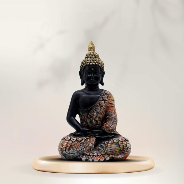 1-32-1.jpg Meditating Sitting Buddha Statue Showpiece Idol Home Decor Items with Gold Crown and Carved Robe, Black and Orange, 28 cm x 15 cm