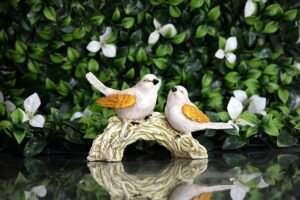Adorable Bird Figurines on Branch - White and Gold Decorative Statue for Home and Garden