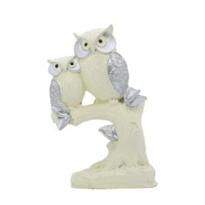 Polyresin Owl Set of 2 Showpiece for Table Decor, White and Silver, 9 inch Height