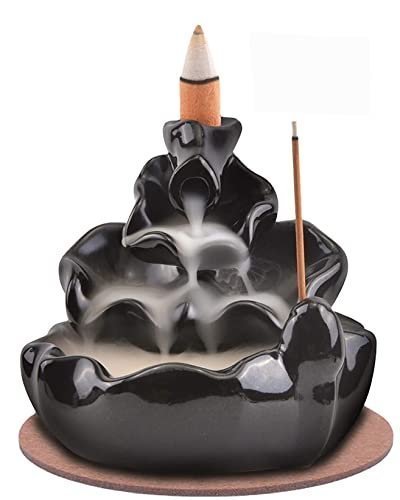 1-36-2.jpg Black Ceramic Waterfall Backflow Incense Burner Lotus Leaf Design, Aromatherapy Incense Cone Holder for Home, Yoga & Meditation decor