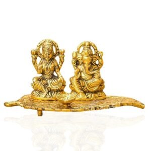 Brass Lakshmi Ganesha Diya Holder on Leaf Puja Plate GoldTone Hindu Deity Statue with Diya for Temple & Home Altar decor, Diwali & Housewarming Gift