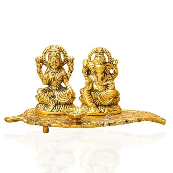 1-37-2.jpg Brass Lakshmi Ganesha Diya Holder on Leaf Puja Plate GoldTone Hindu Deity Statue with Diya for Temple & Home Altar decor, Diwali & Housewarming Gift