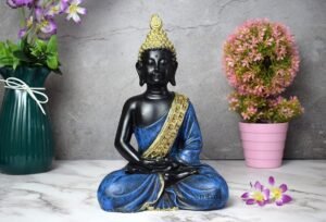 Polyresin Meditating Buddha Statue for Home Decor Big Size Large Living Room Office Desk Table 11 Inch-Blue