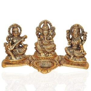 Brass Lakshmi-Ganesha-Saraswati Diya Holder on Leaf Plate Gold-Tone Hindu Trio Statues with Oil Lamp for Puja Room, Temple & Home Decor, Diwali & Wedding Gift