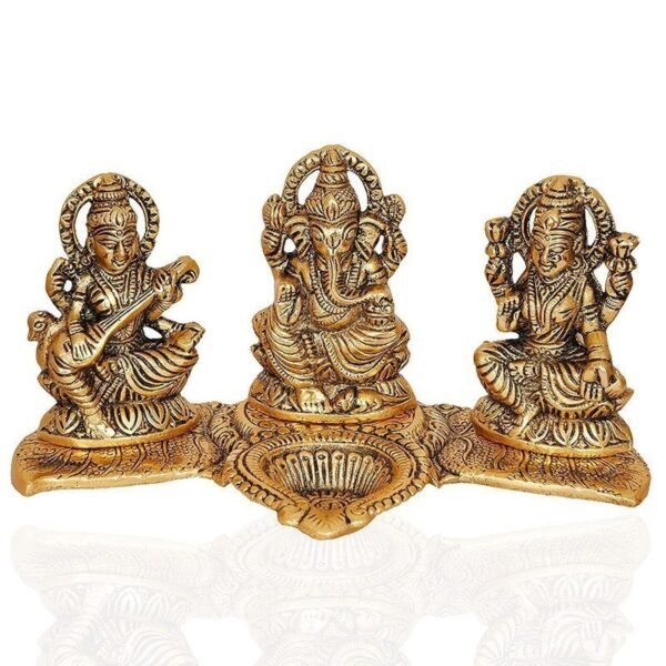 1-38-2.jpg Brass Lakshmi-Ganesha-Saraswati Diya Holder on Leaf Plate Gold-Tone Hindu Trio Statues with Oil Lamp for Puja Room, Temple & Home Decor, Diwali & Wedding Gift