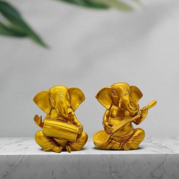 1-4-2.jpg Set of 2 Musical Lord Ganesha Idols | Golden Ganpati Playing Tabla & Sitar | Polyresin Ganesh Statue for Home Decor, Pooja Room, Office & Festive Gift