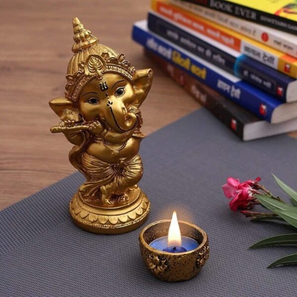 Lord Ganesha Playing Flute Idol with Decorative Tealight Diya Gold Finish Ganpati Statue for Home, Office & Pooja Room Decor (6 Inch)