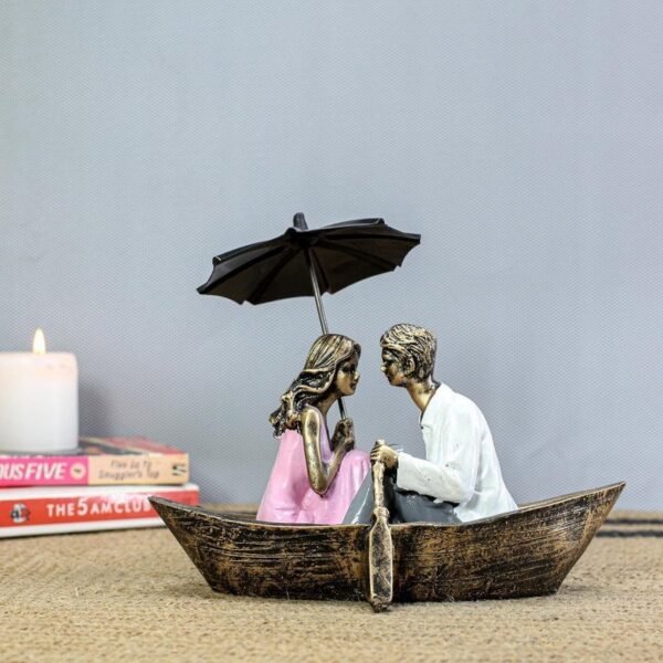 Romantic Couple in Boat Resin Sculpture HandPainted Umbrella Love Statue for Home Decor, Anniversary, Valentines Day Gift