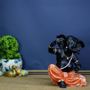 Black Lord Ganesha Idol with Orange Dhoti | Polyresin Ganpati Statue for Home Decor, Pooja Room, Office & Festive Gift | Decorative Ganesh Murti 6 Inch