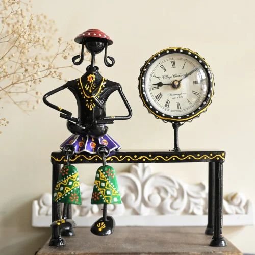 Decorative Sitting Doll with Clock in Metal | Handcrafted Table Showpiece with Timepiece | Unique Home & Office D?cor Gift Item