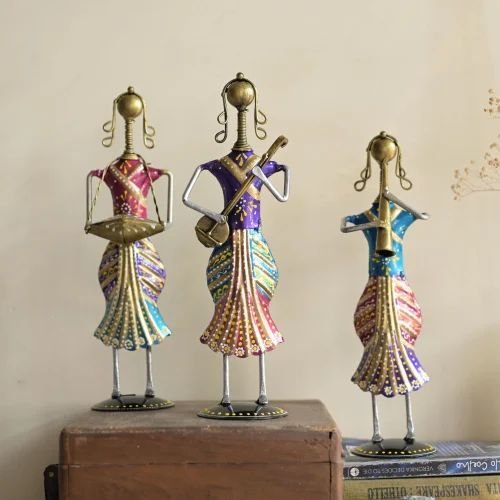 Handcrafted Metal Standing Lady Musician | Elegant Decorative Showpiece for Home & Office D?cor | Artistic Rajasthani Folk Art Figurine