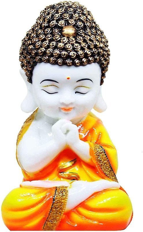 1-6-1.jpg Handicrafts Baby Buddha Showpiece Resin & Sandalwood Monk Figurine for Home & Living Room decor, Perfect Diwali Gift for Family & Friends (12X10X18cm, Orange)