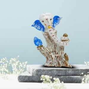 1-8-2.jpg White & Blue Lord Ganesha Idol on Tree Log | Polyresin Ganpati Statue for Home Decor, Pooja Room, Car Dashboard & Gift | Decorative Ganesh Murti 5 Inch
