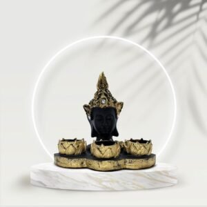 Resin Buddha Head Tealight Candle Holder Black & Gold Statue with 3 Lotus Votive Stands, 7 Home & Garden decor for Meditation & Spiritual Gift