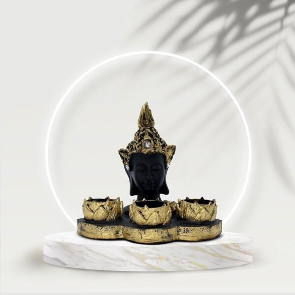 1-9-1.jpg Resin Buddha Head Tealight Candle Holder Black & Gold Statue with 3 Lotus Votive Stands, 7 Home & Garden decor for Meditation & Spiritual Gift
