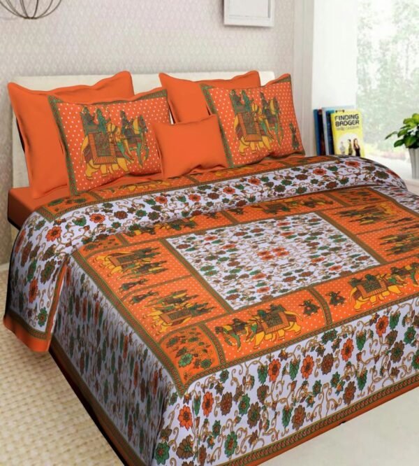 Jaipuri?Style Printed 100% Cotton Double Bedsheet with 2 Pillow Covers ? Soft & Breathable Ethnic Rajasthani Bed Linen