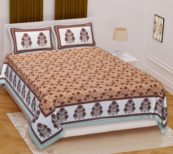 100% Cotton Printed Double Bedsheet Set with 2 Pillow Covers ? Soft, Breathable Ethnic Design Bed Linen