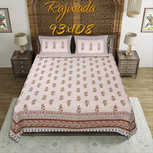 Jaipuri Cotton Double Bedsheet King Size | Traditional Rajasthani Print | Soft & Breathable Bed Sheet with 2 Pillow Covers