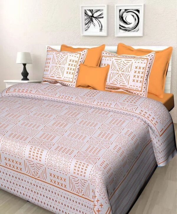100% Cotton Printed Double Bedsheet with 2 Pillow Covers ? Soft & Breathable Ethnic Design Bed Linen